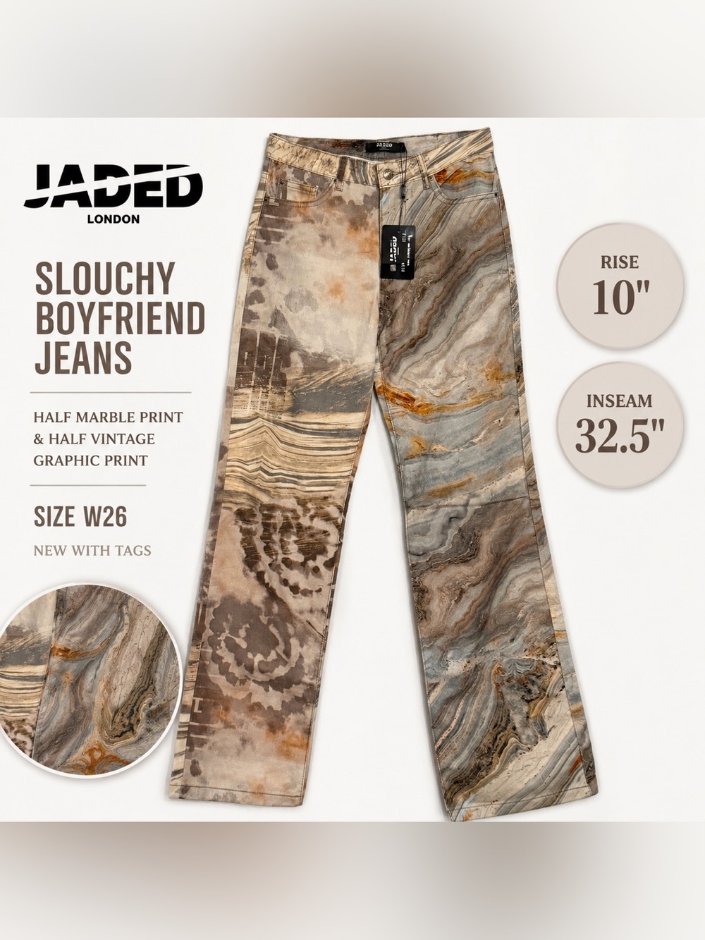 JADED London Marble Print Slouchy Boyfriend Jeans W26 NWT Y2K Wide Leg Graphic